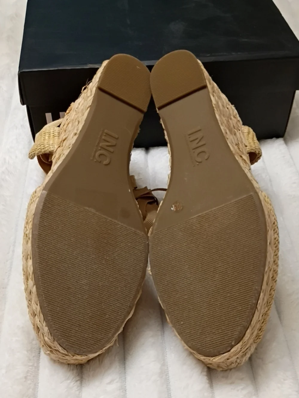 INC International Concepts Tan Woven Espadrille Wedge Sandals with Ankle Ribbon